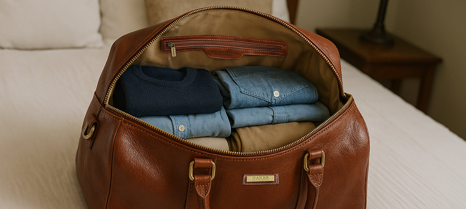 Hanks GEtaway Back open showing packed clothing folded inside on bed with a white sheet.