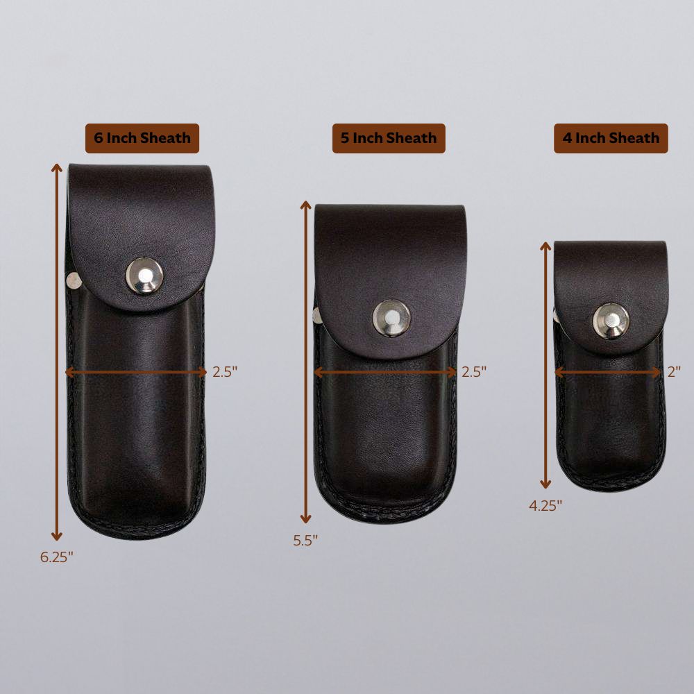 Three Canyon Utility Sheath and Mag Cases by Hanks Belts in dark bridle leather, each with a flap closure and metal snap, are displayed in 6.25"x2.5", 5.5"x2.5", and 4.25"x2" sizes, all USA made against a gray background.