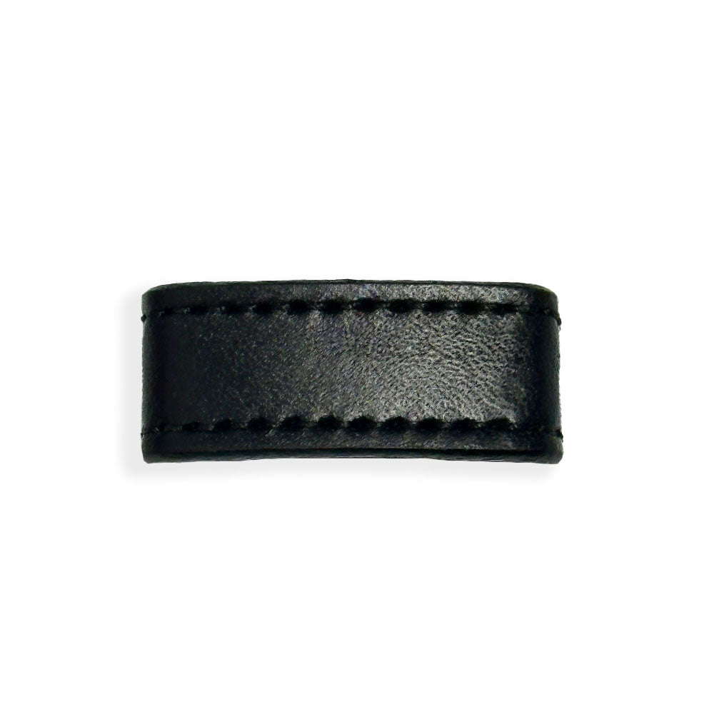 The 1.25" Stitched #11 Keeper by Hanks Belts is crafted from full-grain North American steer hide and features visible stitching along the edges. Designed to hold a 1.25" belt end securely, this black leather belt loop with rounded corners showcases high-quality craftsmanship. Made in the USA, it stands out against a clean white background.