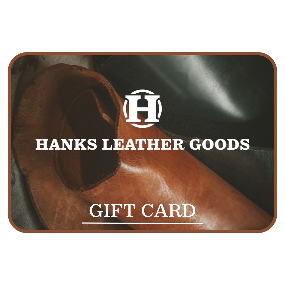 The Hanks Gift Card by Hanks Belts features their logo on a brown and black leather background. "Gift Card" is printed at the bottom—a perfect choice for last-minute or thoughtful gifting.