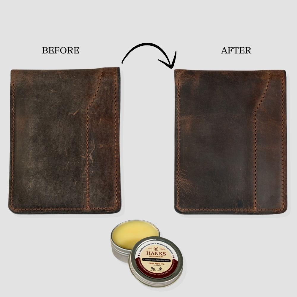 Two leather wallets labeled "Before" and "After," with the "After" wallet darker and shinier. Below is an open tin of Hanks Belts Leather Conditioning Balm, ideal for restoring CCW belts and small leather goods.