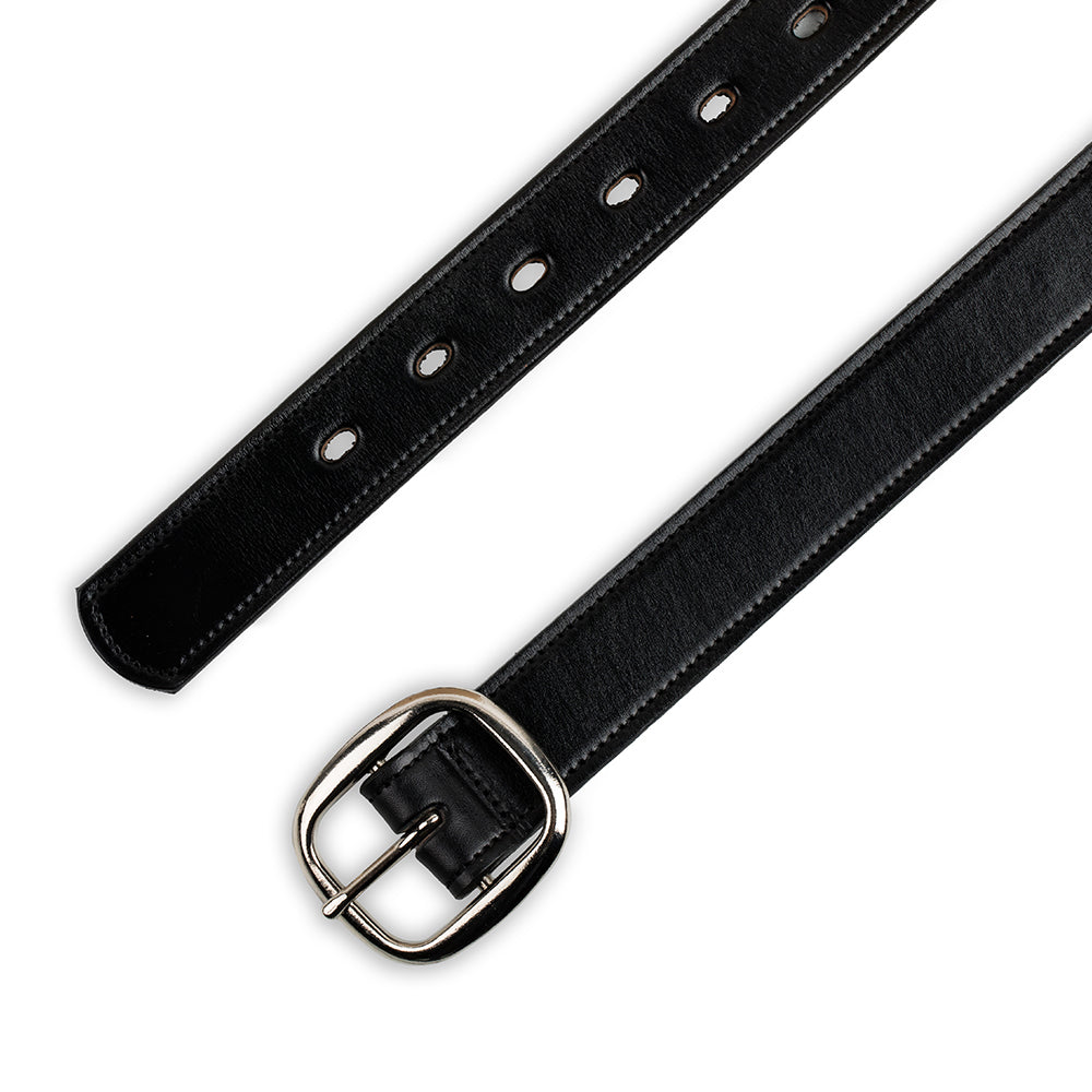 The Eloise by Hanks Belts is a women's premium vegetable-tanned leather belt with a sleek silver center bar buckle. Displayed flat, the buckle is at the bottom and the tapered end with holes is at the top.