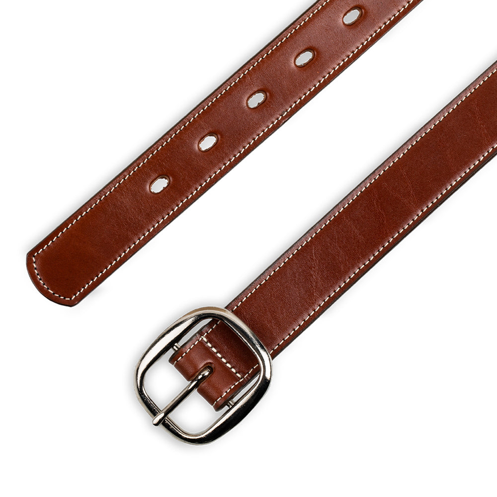 The Eloise by Hanks Belts is a women's premium vegetable-tanned leather belt with white stitching, a center bar buckle, and multiple adjustment holes, shown on a white background.