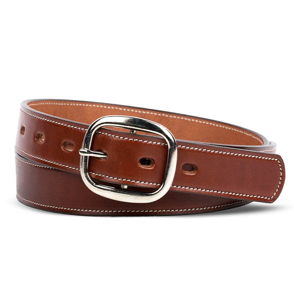 The Eloise by Hanks Belts is a women's premium Oak belt crafted from vegetable-tanned leather with white stitching and a shiny silver center bar buckle, shown coiled neatly on a white background.