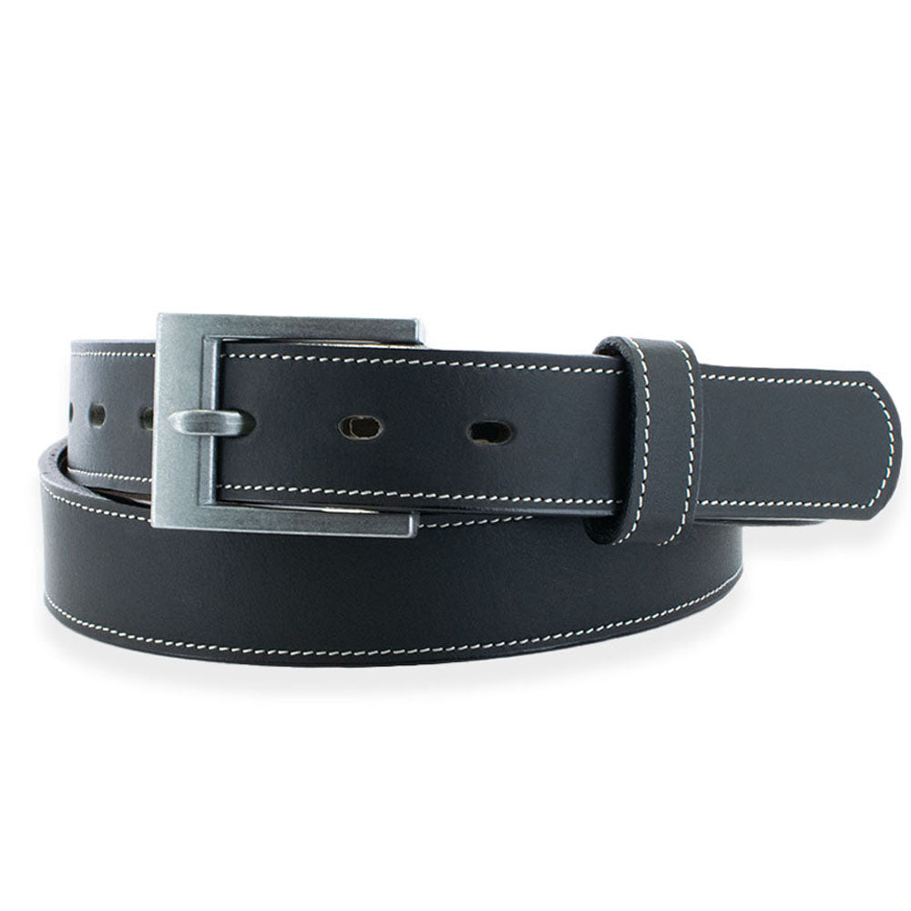 The Heritage Bison belt by Hanks Belts features black bison leather with white stitching and a rectangular silver buckle, highlighting rugged appeal and American craftsmanship.