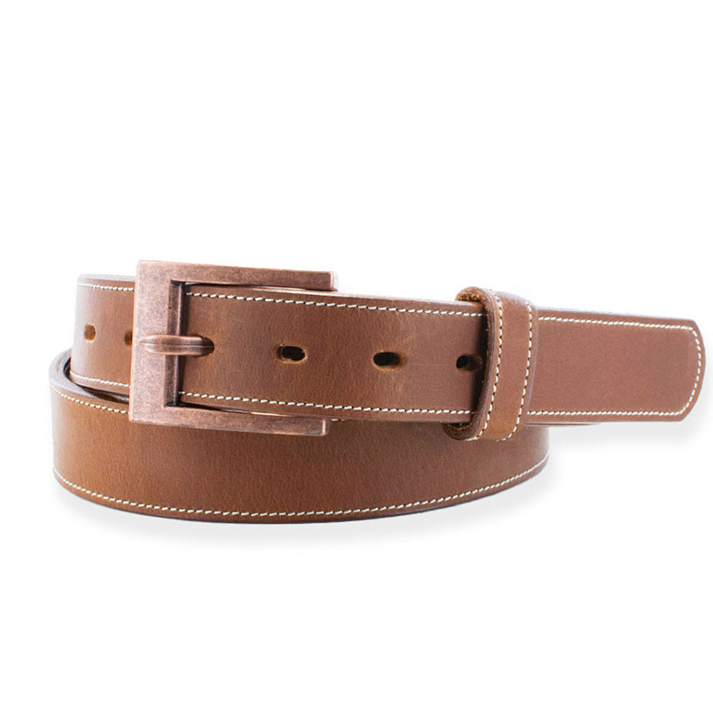 The Heritage Bison by Hanks Belts showcases rugged American craftsmanship with peanut bison leather, white stitching, a bronze-tone rectangular buckle, and multiple adjustment holes—coiled neatly against a white backdrop.