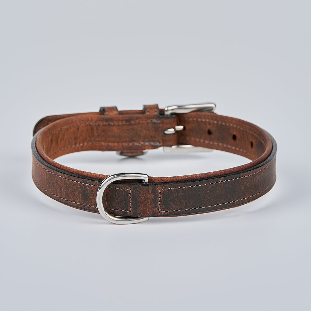 The Kodak Bison Collar by Hanks Belts is a brown bison leather dog collar featuring a silver buckle and metal D-ring, shown on a light gray background.