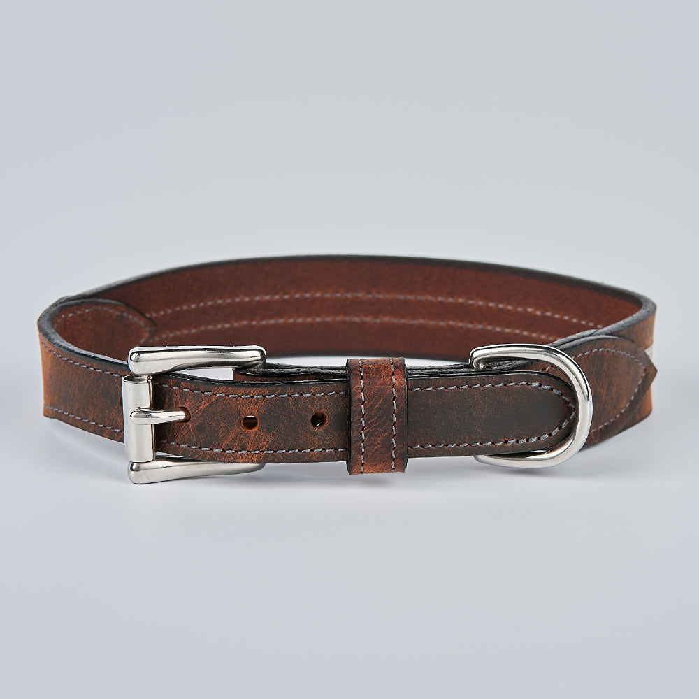 The Hanks Belts Remi Reflective Collar is a brown bison leather dog collar with a silver buckle and D-ring, visible edge stitching, and is shown coiled on a light grey background.