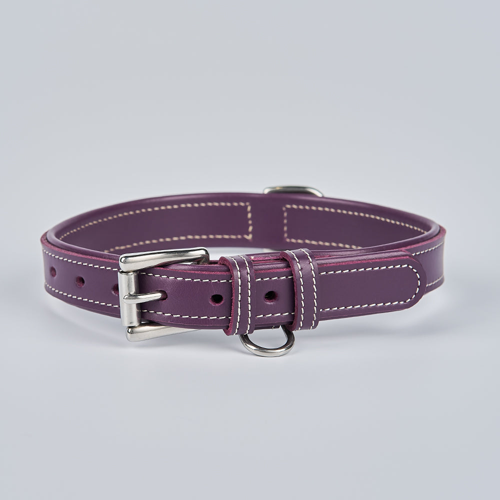 The Hanks Belts Rover Standard Collar is a purple, vegetable-tanned leather dog collar with white stitching, a silver buckle, and multiple adjustment holes, displayed on a light gray background.