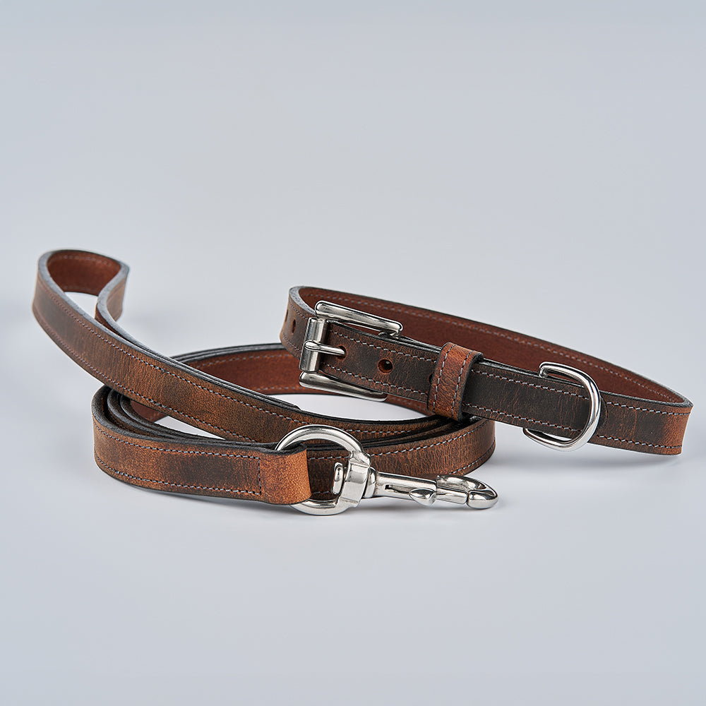 The Ollie Bison Leash by Hanks Belts features premium bison leather and a sturdy metal buckle and clasp, displayed on a light gray background.
