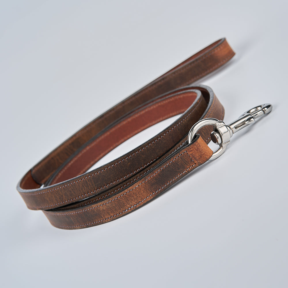 The Ollie Bison Leash by Hanks Belts is a coiled premium leather dog leash with visible stitching and a silver metal clasp, shown on a light gray background.