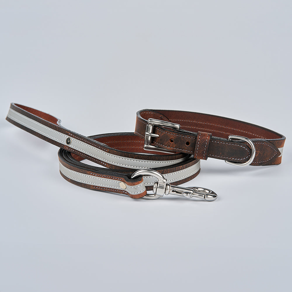 The Remi Reflective Leash by Hanks Belts is crafted from brown bison leather with light stitching, reflective strip for safer night walks, and sturdy metal hardware. Shown on a plain light gray background.