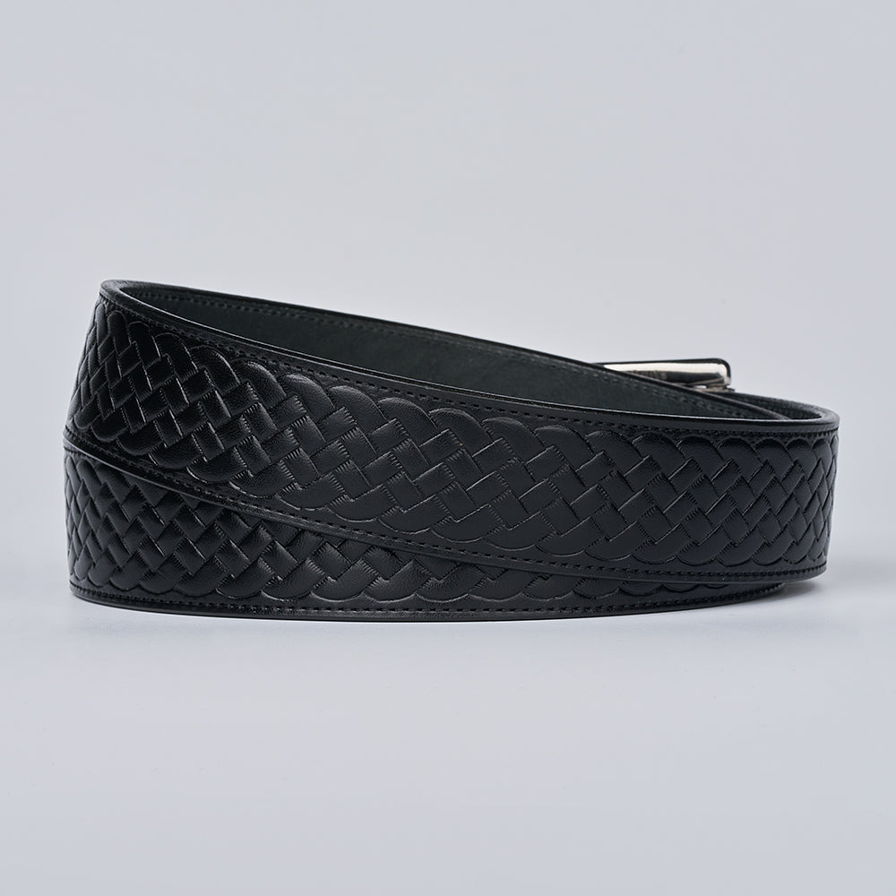 The Classic Basket Weave by Hanks Belts is a black leather belt featuring an intricate basket weave pattern, coiled in a loop and displayed on a plain light gray background.
