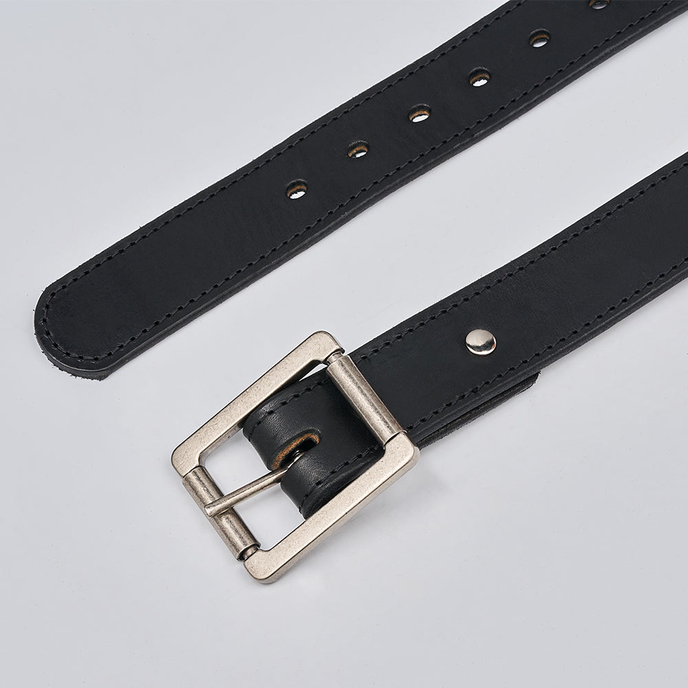 The Double Roller by Hanks Belts is a USA-made work belt in black full-grain leather with a silver rectangular buckle, multiple adjustment holes, and visible black edge stitching, shown laid flat on a light gray surface.