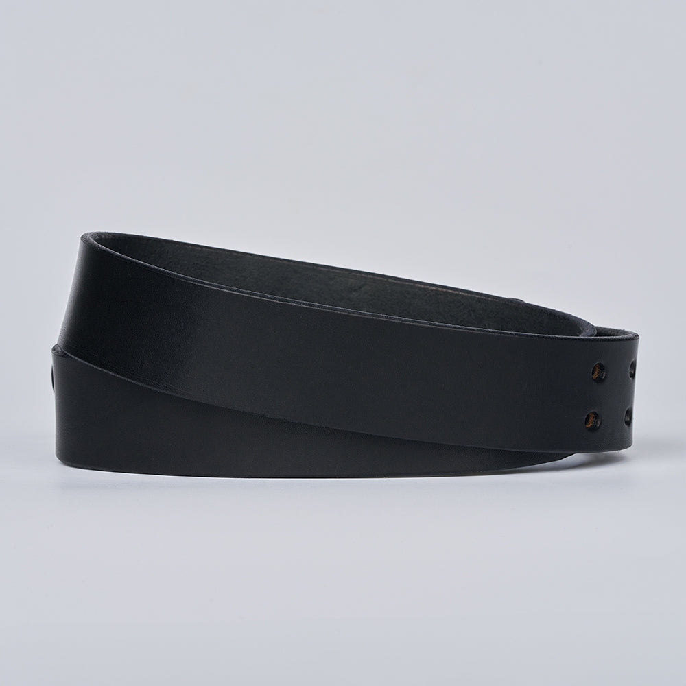 The Double Prong Everyday by Hanks Belts is a black full-grain leather belt with a smooth finish, shown coiled on a light gray background. The work belt includes multiple fastening holes near the end.