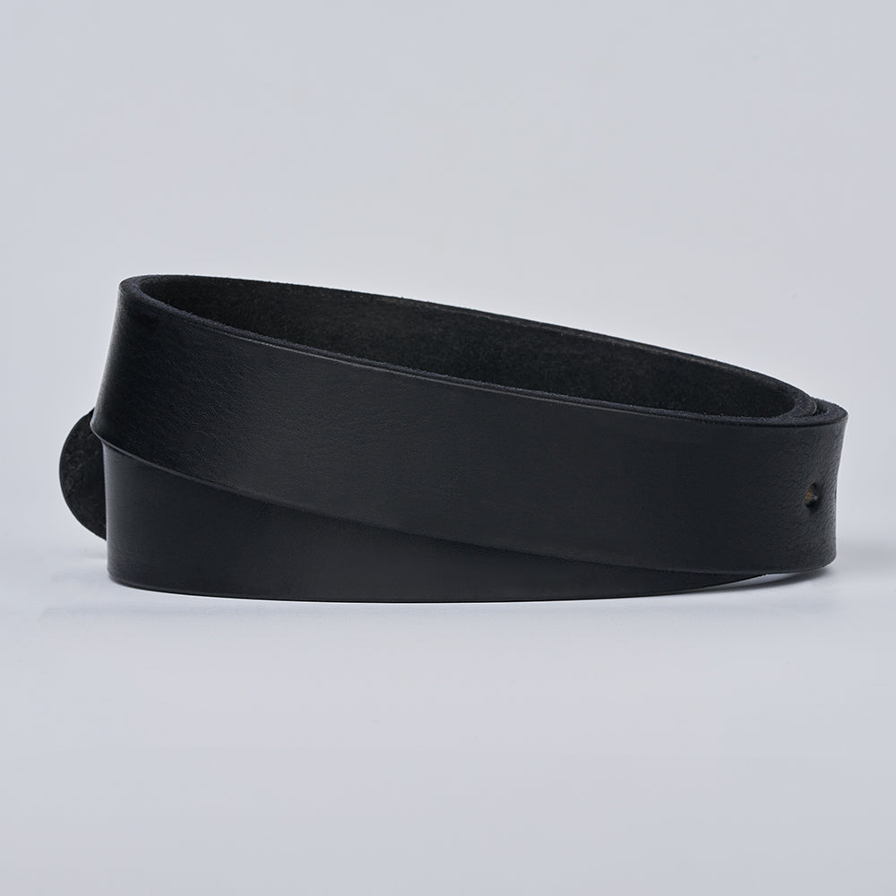 A coiled black leather Hanks Belts Gunner belt, shown without a visible buckle, rests on a plain light gray background.