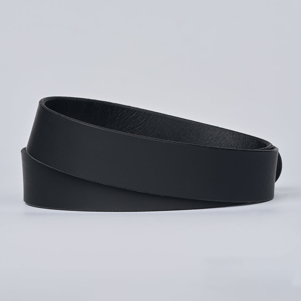 The Legend Double Prong Retro Style by Hanks Belts is a black, full grain leather belt with a subtle design, neatly coiled on a light gray background.