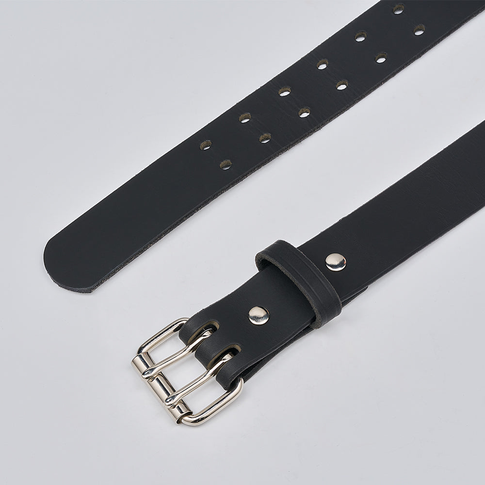 The Legend Double Prong Retro Style by Hanks Belts, made from full grain leather with a silver double-prong roller buckle and multiple adjustment holes, is shown on a light gray background.