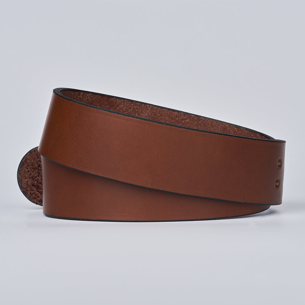 The Marshall by Hanks Belts is a brown leather garrison-style belt with a smooth finish, shown coiled without a buckle. Two holes are visible near one end, all displayed on a plain light background.