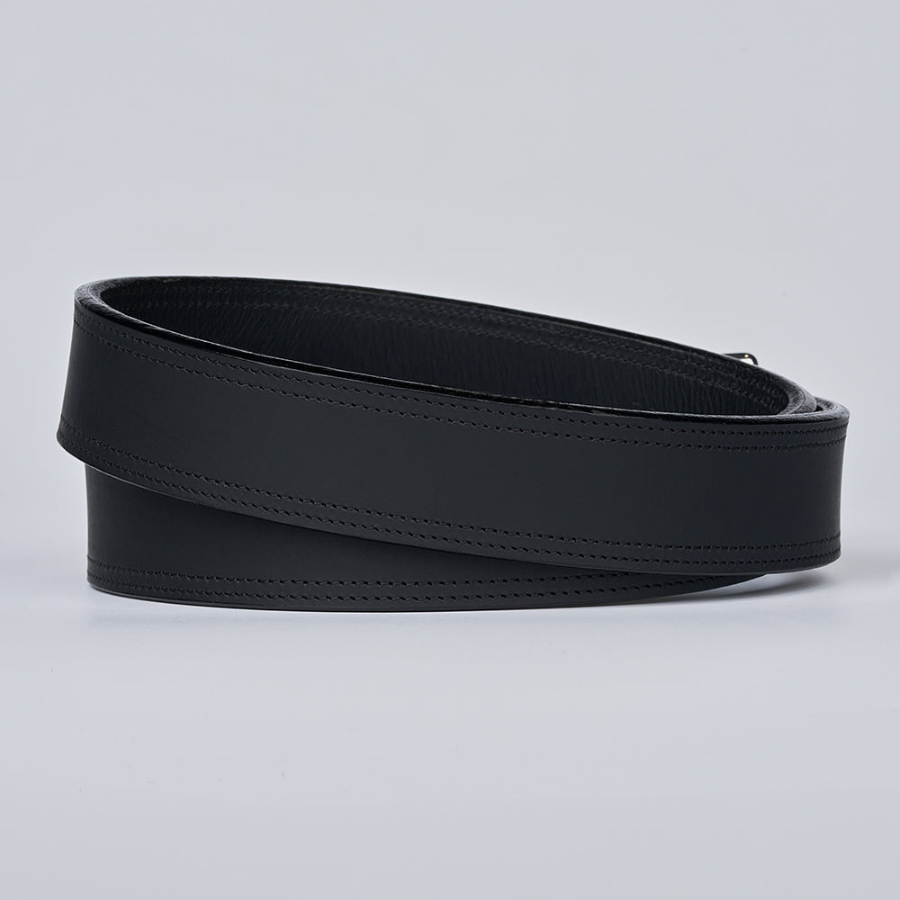 Black leather belt on a light gray background
