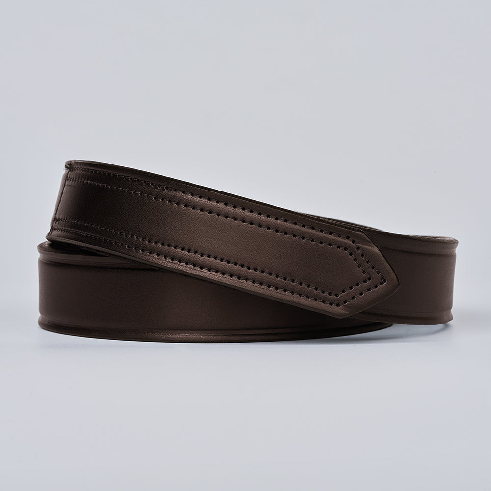 The Scratchless Mechanics by Hanks Belts is a coiled dark brown full grain leather belt with visible edge stitching, shown against a plain light gray background.