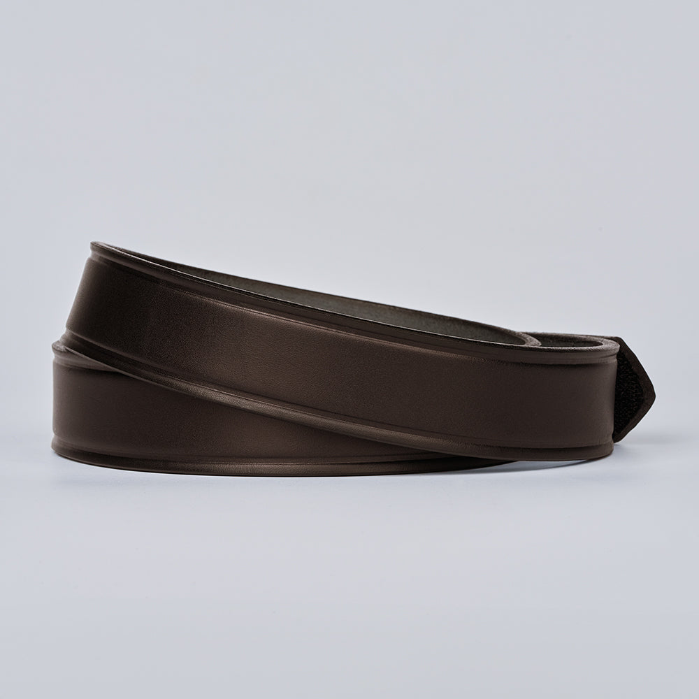 The Scratchless Mechanics by Hanks Belts: a coiled dark brown full grain leather belt without a visible buckle, displayed on a plain light gray background.