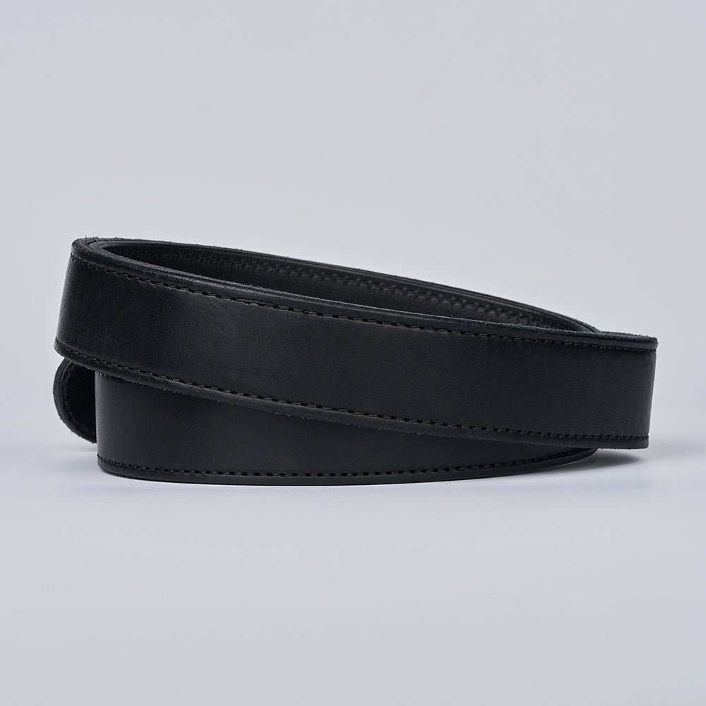 The Steel Core - 1.5" gun belt by Hanks Belts, crafted from coiled black leather with visible stitching, is displayed against a plain light gray background.