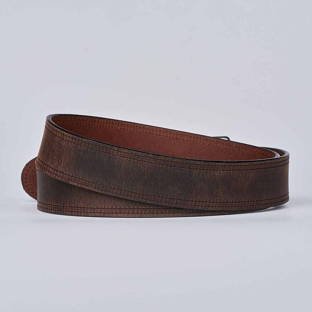 The Wyoming Bison by Hanks Belts, a dark brown belt with subtle textured markings, is shown coiled in a loose loop on a light gray background.