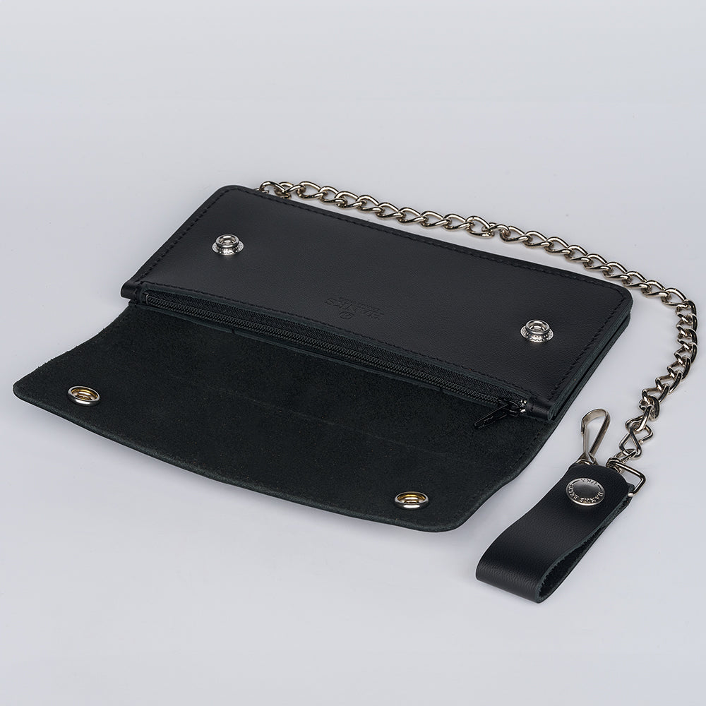 The Hanks Belts Big Bear Biker Chain Wallet features rugged black leather, a zippered compartment, and a sturdy metal chain with leather strap and clasp—combining durability with classic biker style.