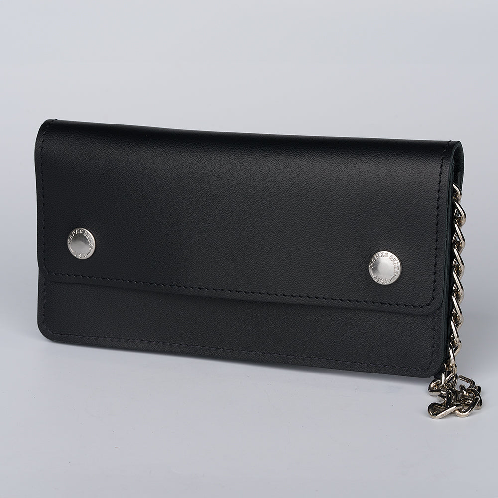 The Hanks Belts Big Bear Biker Chain Wallet features rugged black leather and two silver snap buttons on the front, shown against a plain light background.
