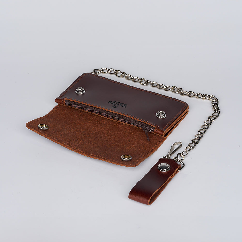 The Hanks Belts Big Bear Biker Chain Wallet features rugged brown leather, a zippered pocket, snap buttons, and a metal chain with leather strap—ideal for those seeking durable biker wallets.