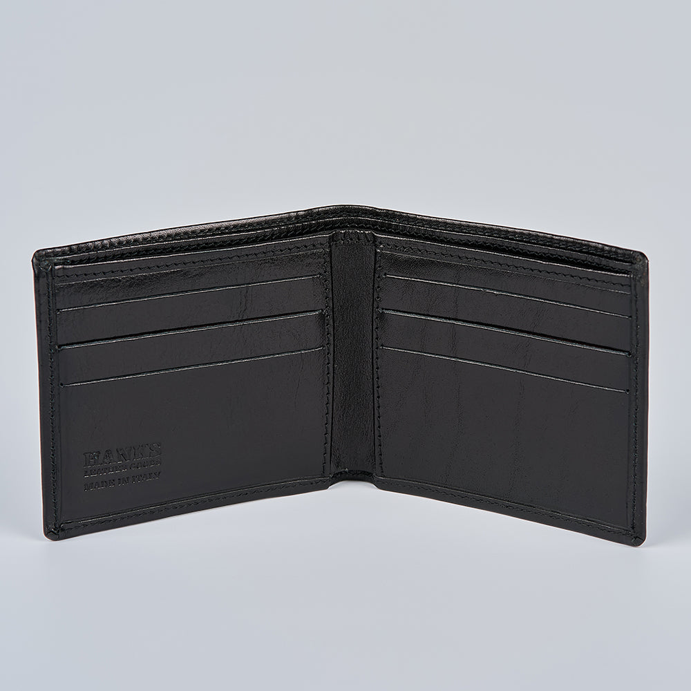 The Hanks Belts Como Italian Bifold wallet in black leather is displayed on a light gray background, featuring multiple card slots on both sides and "BANKS" embossed inside.