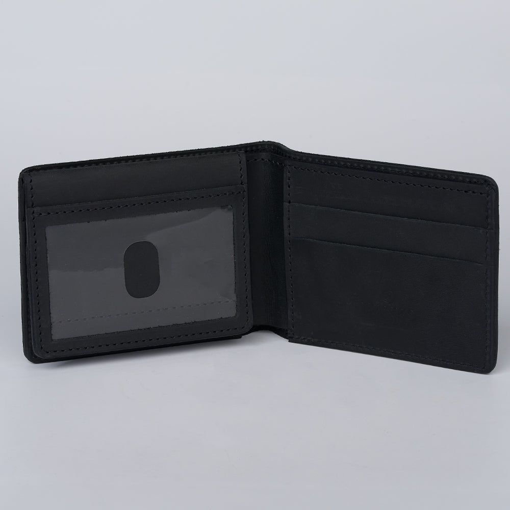 The Hanks Belts Huron Premium Bifold with ID Window, made in the USA, is open to display an ID window on the left and card slots on the right, set against a plain light gray background.