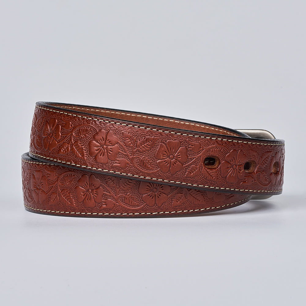 The Floral Embossed by Hanks Belts is a women’s full grain leather belt with floral embossing and visible stitching, shown coiled on a light gray background.