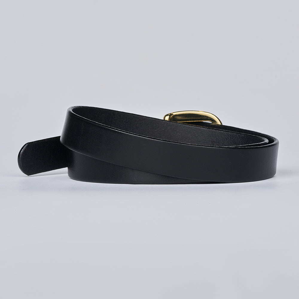 The Poppy by Hanks Belts is a coiled black leather women’s statement belt with a gold brass buckle, shown on a plain light gray background—elegant for any occasion.