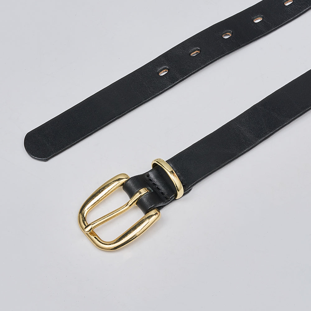 The Poppy by Hanks Belts is a black leather women’s belt featuring a shiny gold-tone buckle and matching loop, shown on a plain light gray background.