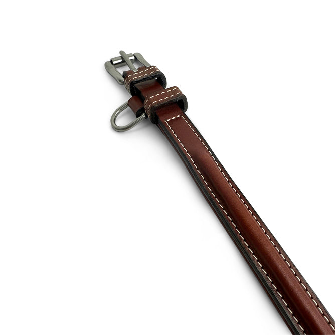 The Bentley Raised Collar by Hanks Belts is crafted from premium English bridle leather with white stitching, stainless steel hardware, and multiple loops, shown against a white background.