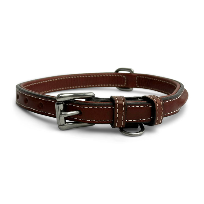The Hanks Belts Bentley Raised Collar in Oak features premium English bridle leather, white stitching, stainless steel hardware, multiple adjustment holes, and a D-ring for leash attachment. Shown laid flat on a white background.