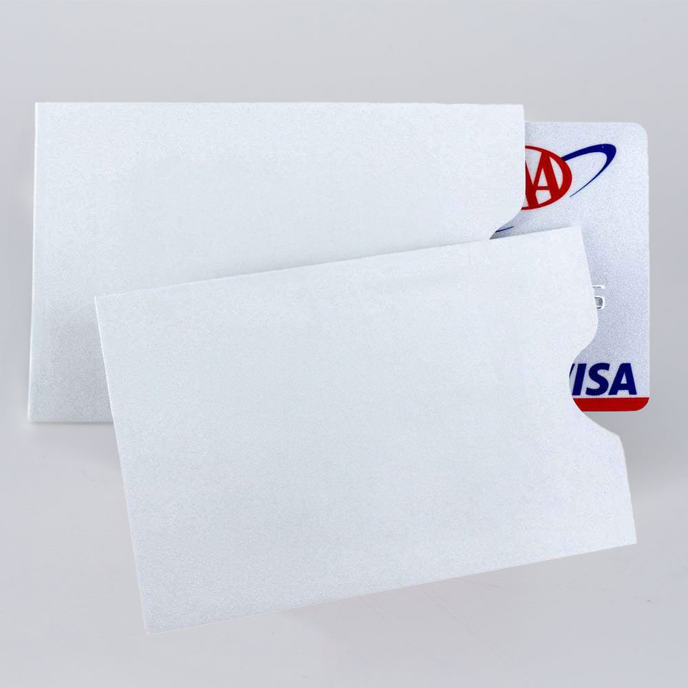A white Hank Belts envelope, ideal for storing RFID Shield Sleeves - 4 Pack, offering stylish and secure credit card protection.