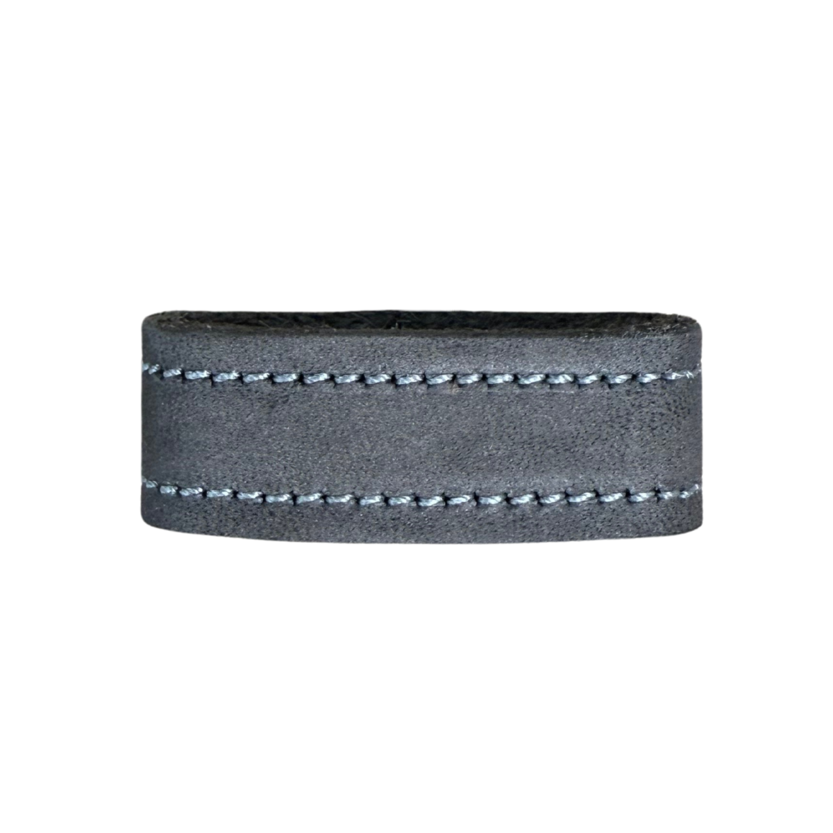 The 1.5" Suede #16 Keeper by Hanks Belts is a wide, dark gray nubuck leather ring with light gray stitching along the top and bottom edges, displayed on a white background.