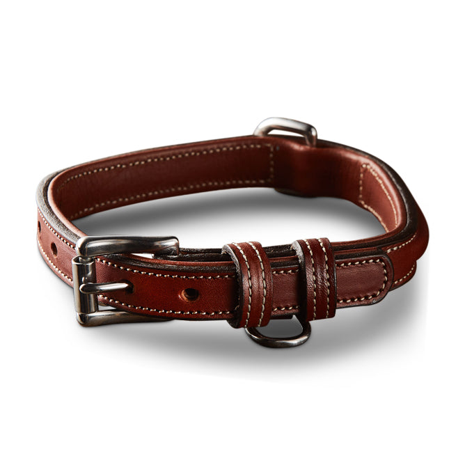The Bentley Raised Collar by Hanks Belts is a brown English bridle leather dog collar with white stitching, stainless steel hardware, a metal buckle, two loops, and a D-ring, shown on a white background.