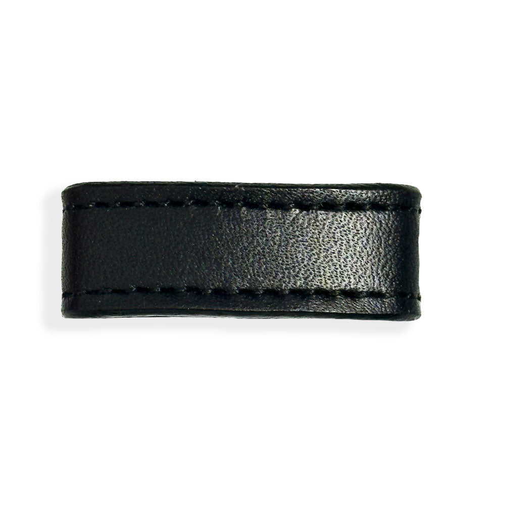 The Hanks Belts 1.5" Stitched #10 Keeper in black features visible edge stitching on USA-made, vegetable-tanned leather, shown against a white background.