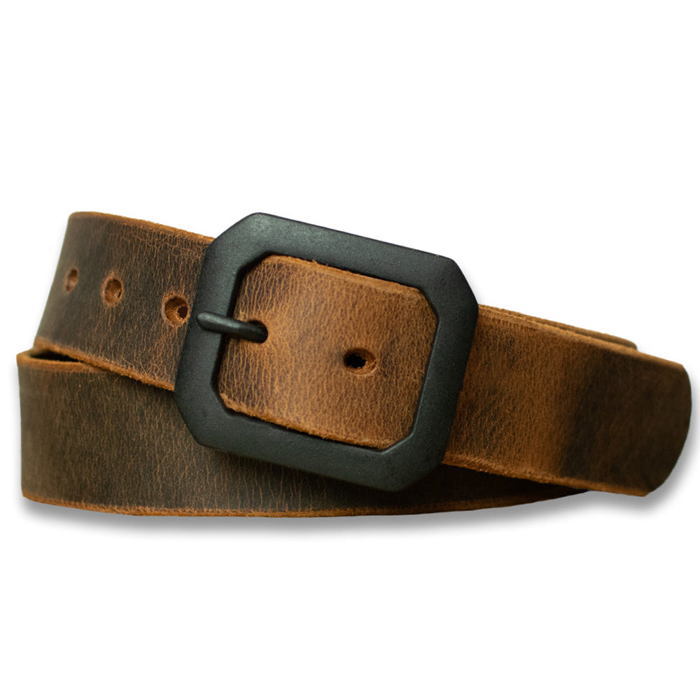 Hanks Belts’ The Relic Retro Style features a distressed brown Water Buffalo leather belt with visible holes and a square matte black buckle, shown coiled.