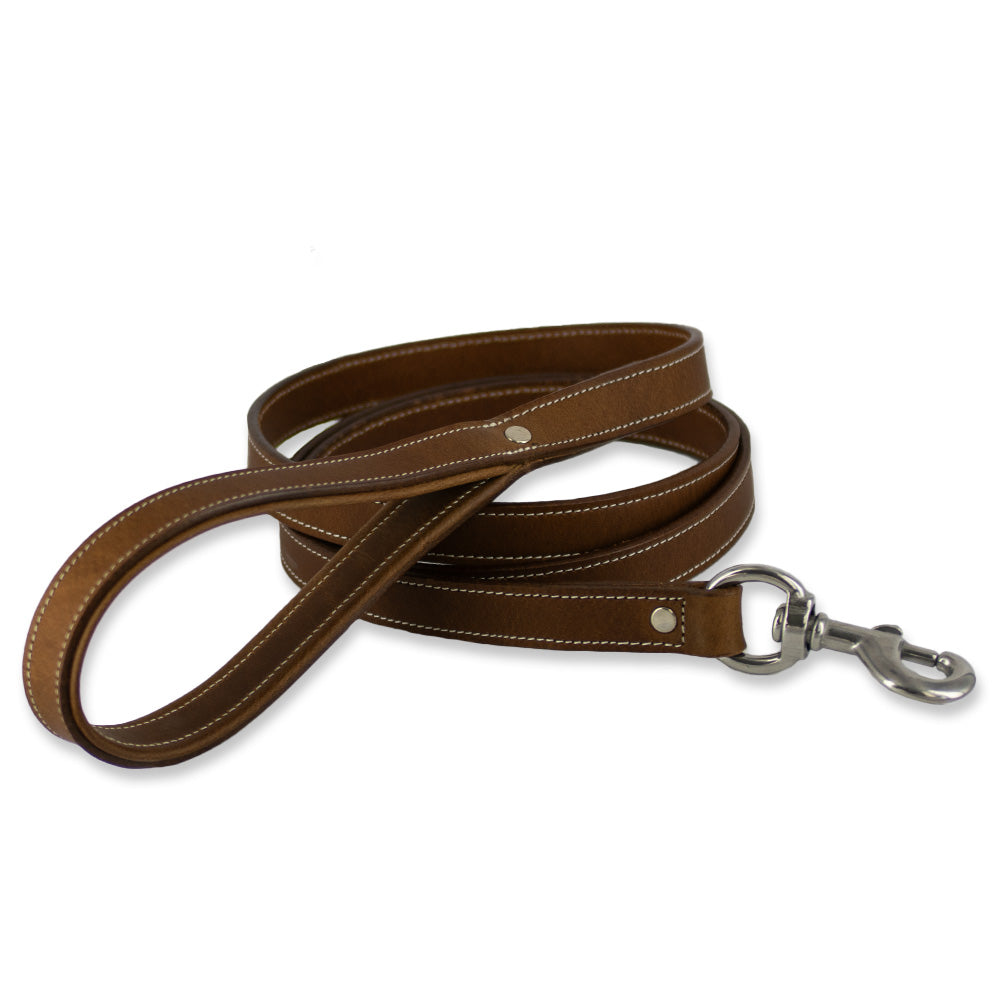 The Hanks Belts Kodak Bison Leash is made from premium bison leather in a peanut color, featuring white stitching, a loop handle, and stainless steel hardware for secure collar attachment.