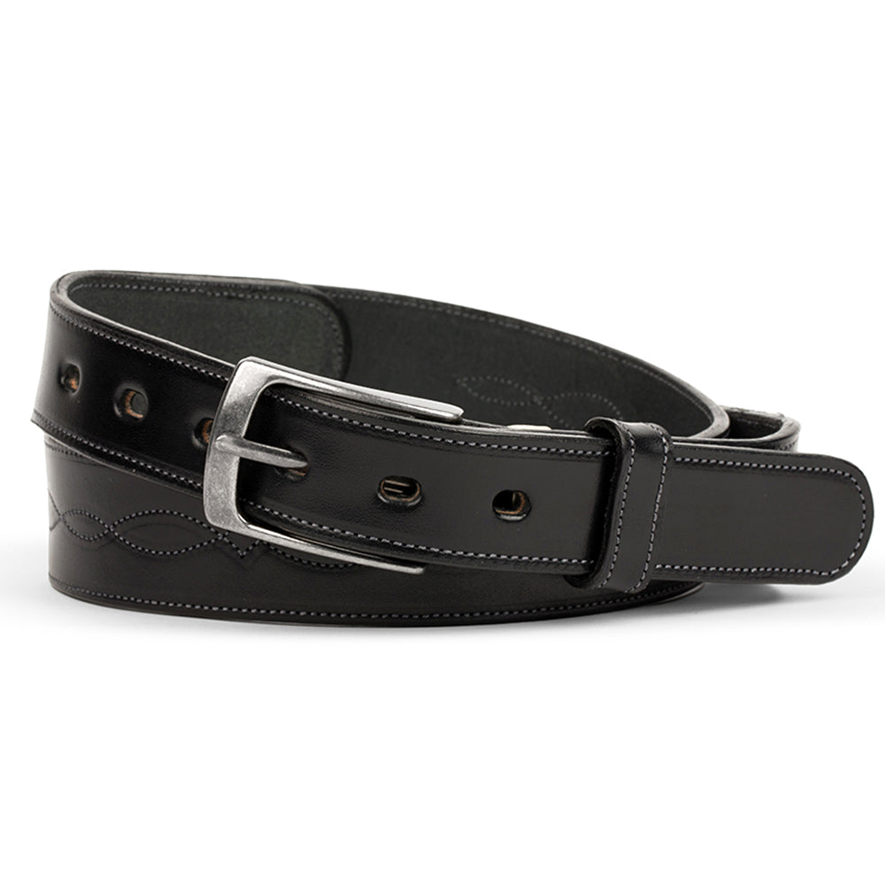 The Hanks Belts Teton Tapered in black features vegetable tanned leather, white infinity stitching, multiple holes, and a silver buckle, coiled in a loop against a white background.