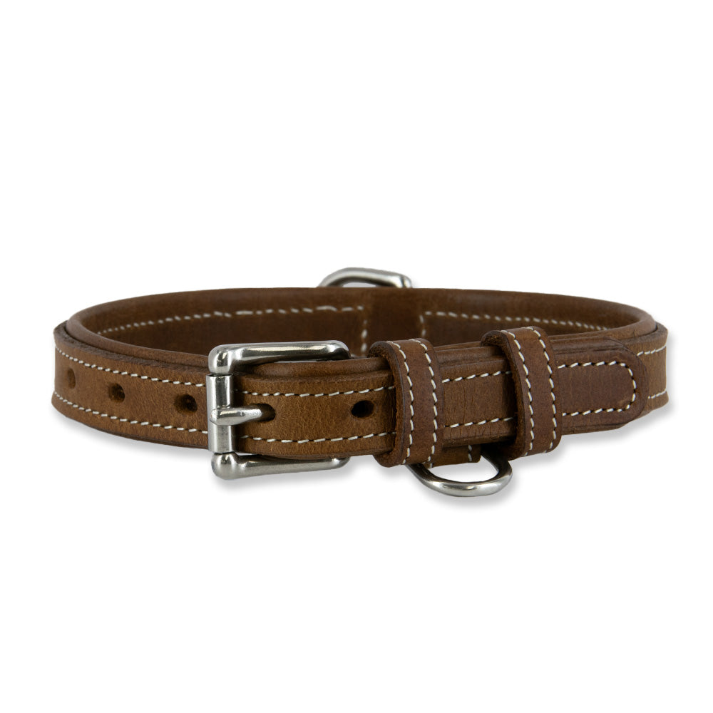The Hanks Belts Kodak Bison Collar in Peanut features premium bison leather, white stitching, a silver metal buckle, and D-ring, all showcased on a white background.