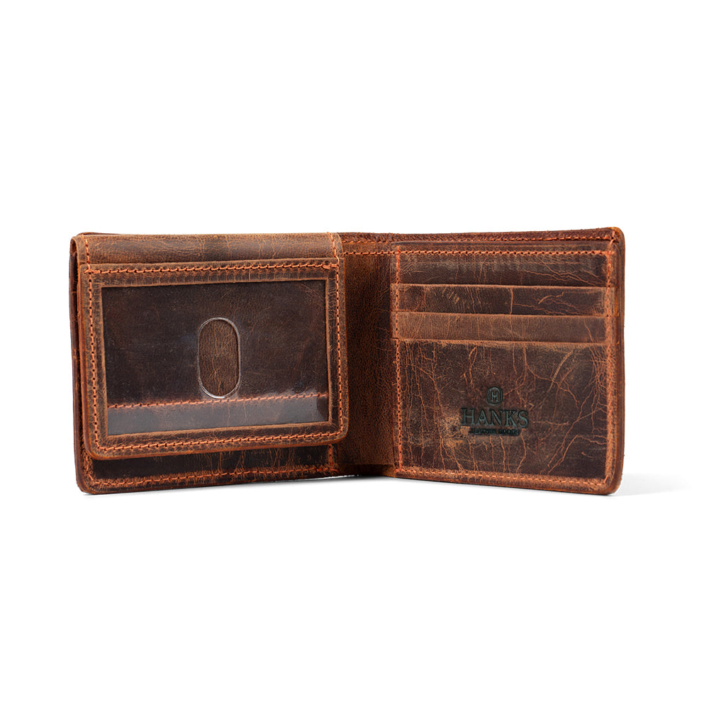 The Hanks Belts Powell Bison Bifold with ID Window features a rustic bison leather design, multiple card slots, an ID window, and the Hanks logo stamped inside—making it a great gift for any occasion.