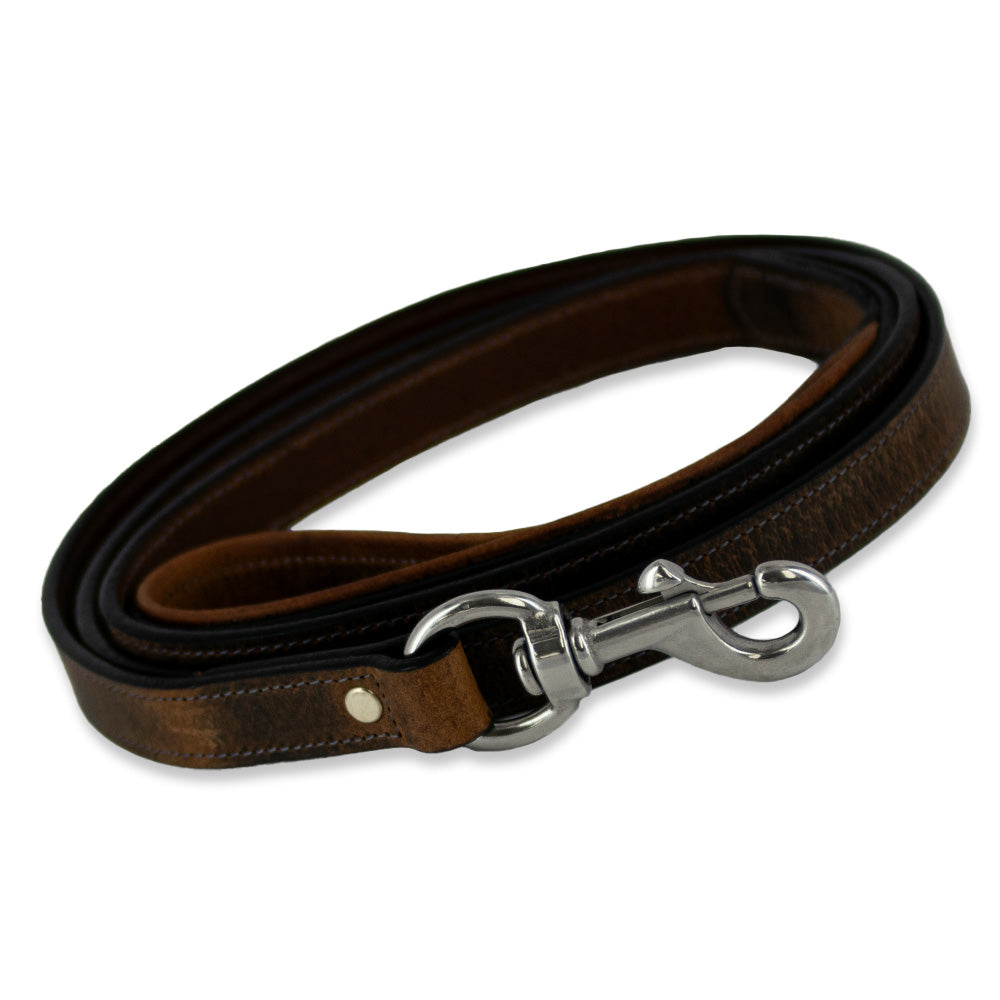 A coiled brown Kodak Bison Leash from Hanks Belts, crafted from premium bison leather with a sturdy stainless steel clasp, displayed on a white background.
