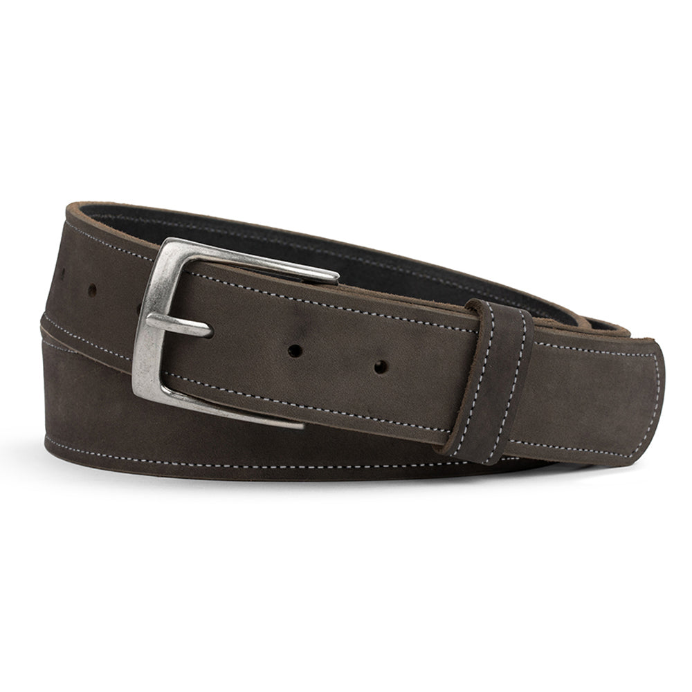 The Suede Belt - 1.5" by Hanks Belts is a dark brown nubuck leather belt featuring a silver metal buckle and white stitching along the edges, made in the USA and coiled neatly.