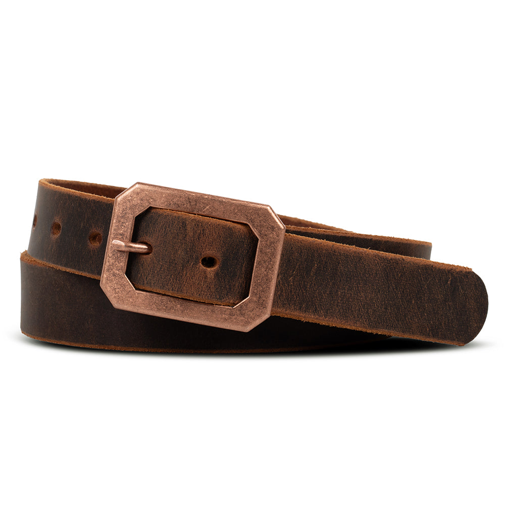 The Lainey by Hanks Belts is a brown, full grain Crazy Horse leather belt, neatly coiled with a large antique copper center bar buckle facing forward.